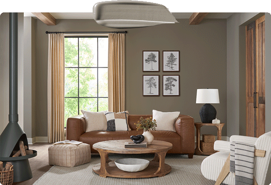 Color swipe overlapping rotation of photos of trendy living room and bathroom painted in Studio Clay.