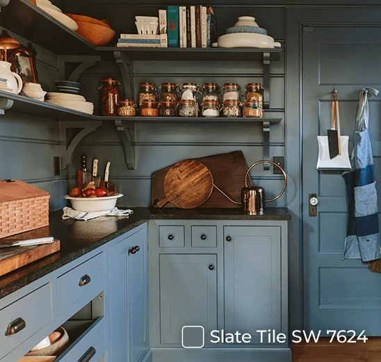 Emily Henderson's kitchen cabinets, walls and door painted in Slate Tile SW 7624.