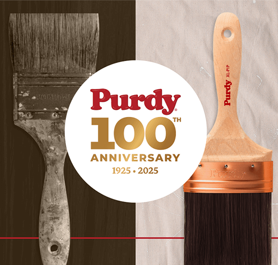 Purdy 100 Anniversary 1925 - 2025 logo and old vs new Purdy paintbrushes.