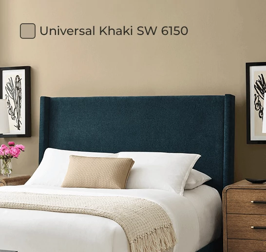 Bedroom painted in Universal Khaki SW 6150.