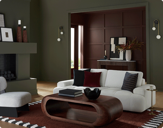 Rotation of modern living room and home office painted in Garden Gate.