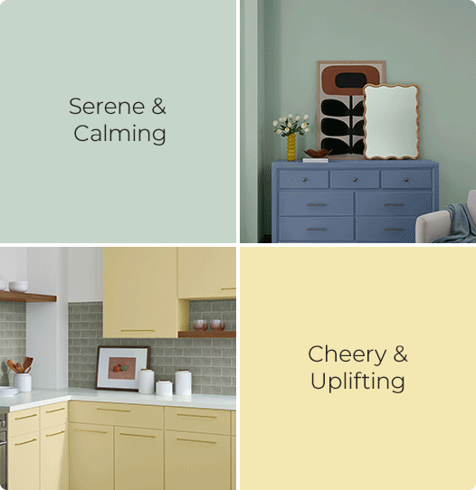 Serene & Calming. Blue dresser with light gray chair in room painted in Slow Green. Cheery & Uplifting. Kitchen with white countertops and cabinets painted in Icy Lemonade. Cozy & Comforting. Comfy brown leather sofa in living room painted in Studio Clay. Balance & Clarity. White freestanding white tub in bathroom painted in Drift of Mist.