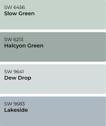 Color samples. Slow Green SW6456, Halcyon Green SW6213, Dew Drop SW9641 and Lakeside SW9683. 