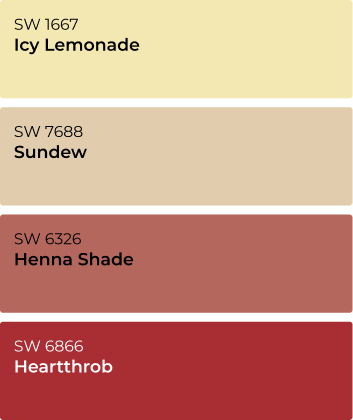 Color samples. Icy Lemonade SW1667, Sundew SW7688, Henna Shade SW6326 and Heartthrob SW6866.