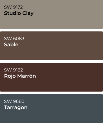 Color samples. Studio Clay SW9172, Sable SW6083, Rojo Marrón SW9182 and Tarragon SW9660.