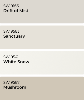 Color samples. Drift of Mist SW9166, Sanctuary SW9583, White Snow SW9541 and Mushroom SW9587.
