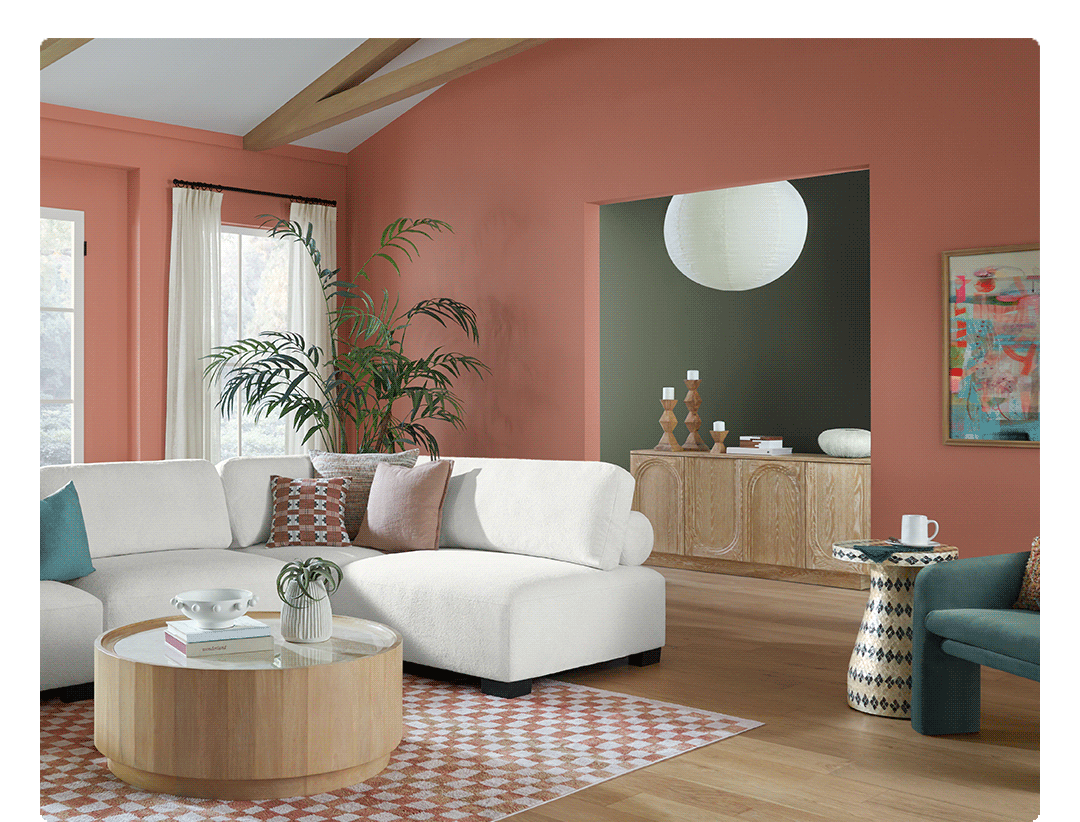 Rotation of Coral Island painted kitchen and living room.