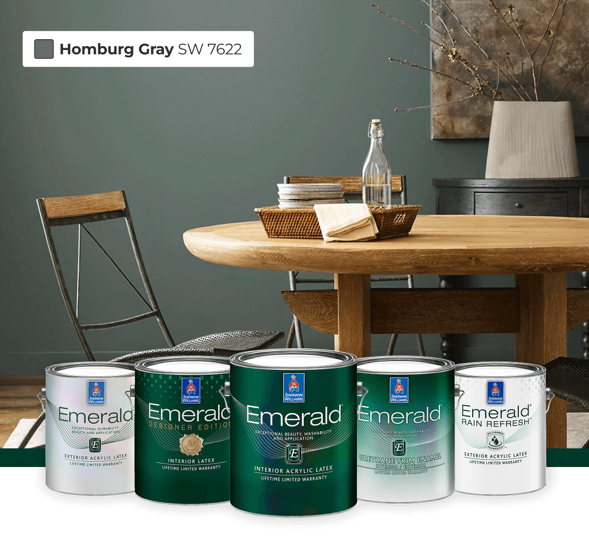 Arrangement of gallon size paint cans, Emerald® Exterior, Emerald® Designer Edition, Emerald® Interior, Emerald® Urethane Trim Enamel and Emerald® Rain Refresh, overlaying photo of Homburg Gray painted room with wood breakfast table set.