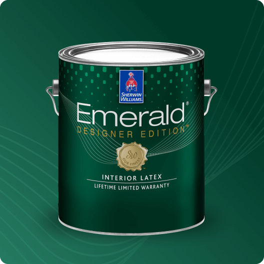 Emerald® Designer Edition paint can in green box.