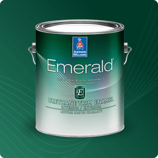 Emerald® Urethane Trim Enamel paint can in green box.