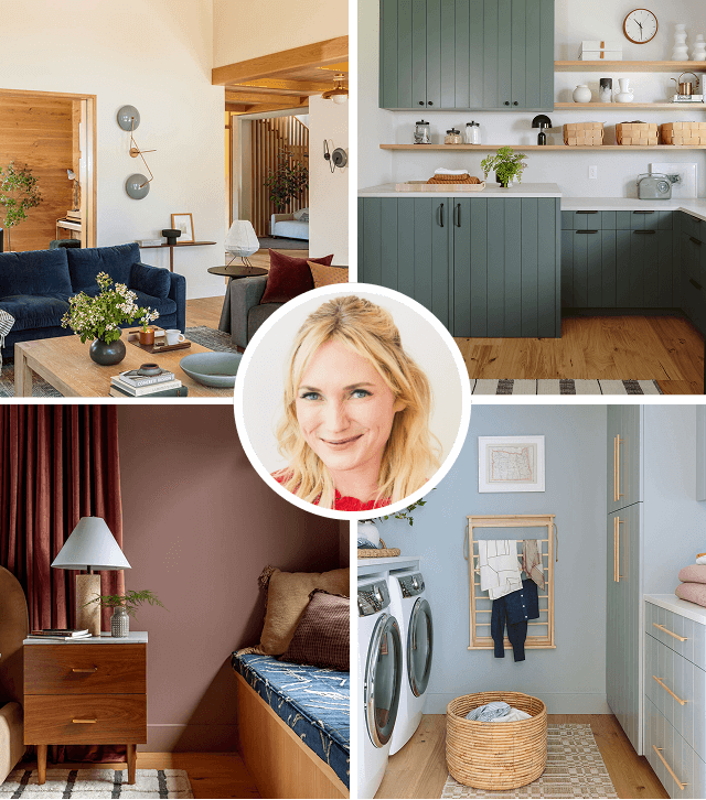 Emily Henderson circle portrait in the middle of a 4 square grid of trendy interior rooms--living room, kitchen, bedroom and laundry room.