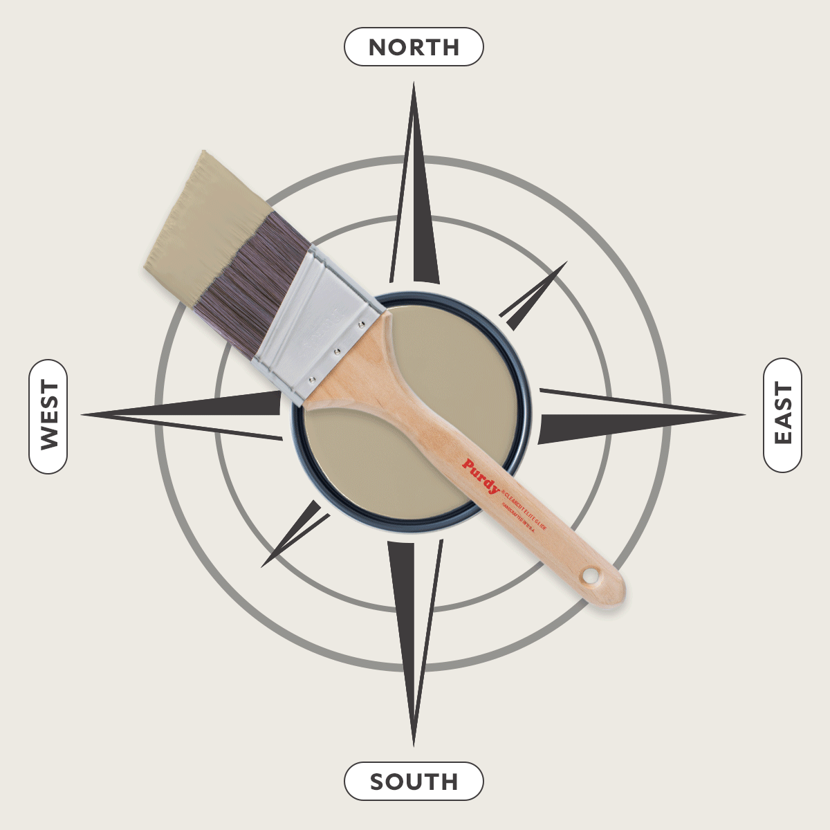 Compass with spinning paintbrush, with paint on bristles, that changes paint color as it spins.
