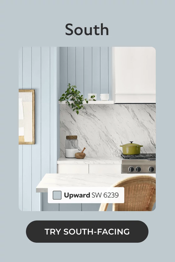 South. Kitchen, close-up of island and freestanding stove, with white cabinets and beadboard painted in Upward. Click to Try South-Facing.