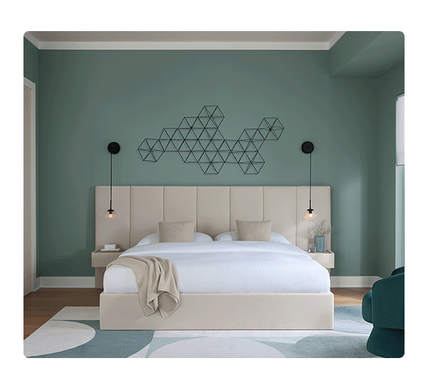 Rotation of images: Modern bedroom and trendy mudroom & kitchen painted in Halcyon Green.