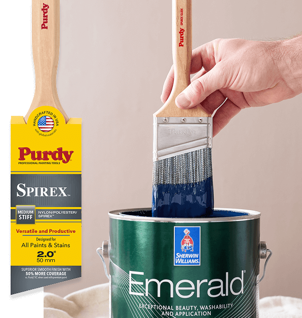 Purdy® Spirex™ brush next to an image of the brush being dipped into a can of Emerald® Interior paint.