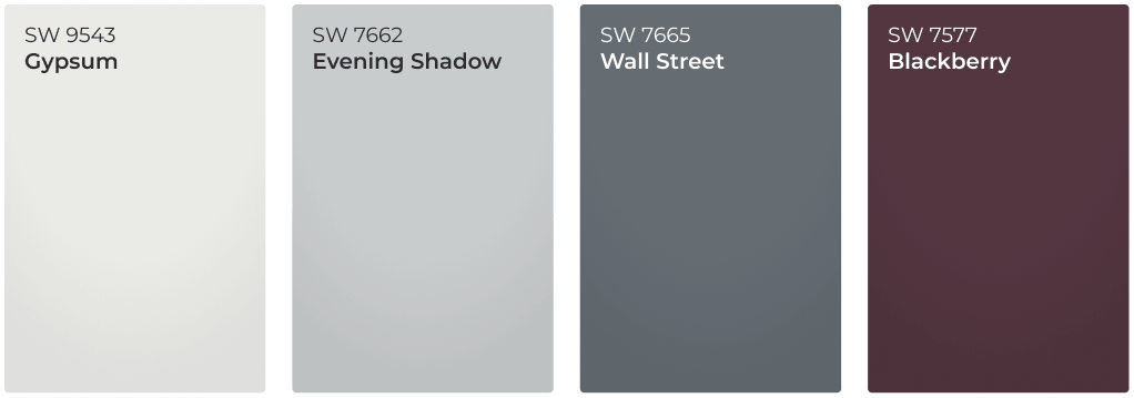 Color chips: Gypsum SW9543, Evening Shadow SW7662, Wall Street SW7665 and Blackberry SW7577.