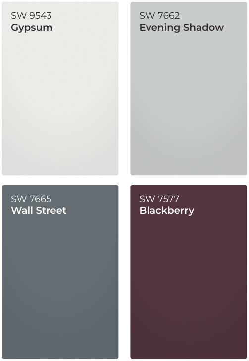Color chips: Gypsum SW9543, Evening Shadow SW7662, Wall Street SW7665 and Blackberry SW7577.