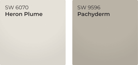 Color chips of Heron Plume SW 6070 and Pachyderm SW 9596.