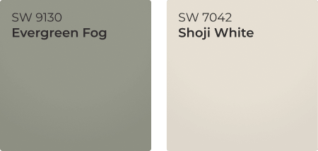 Color chips of Evergreen Fog SW 9130 and Shoji White SW 7042.