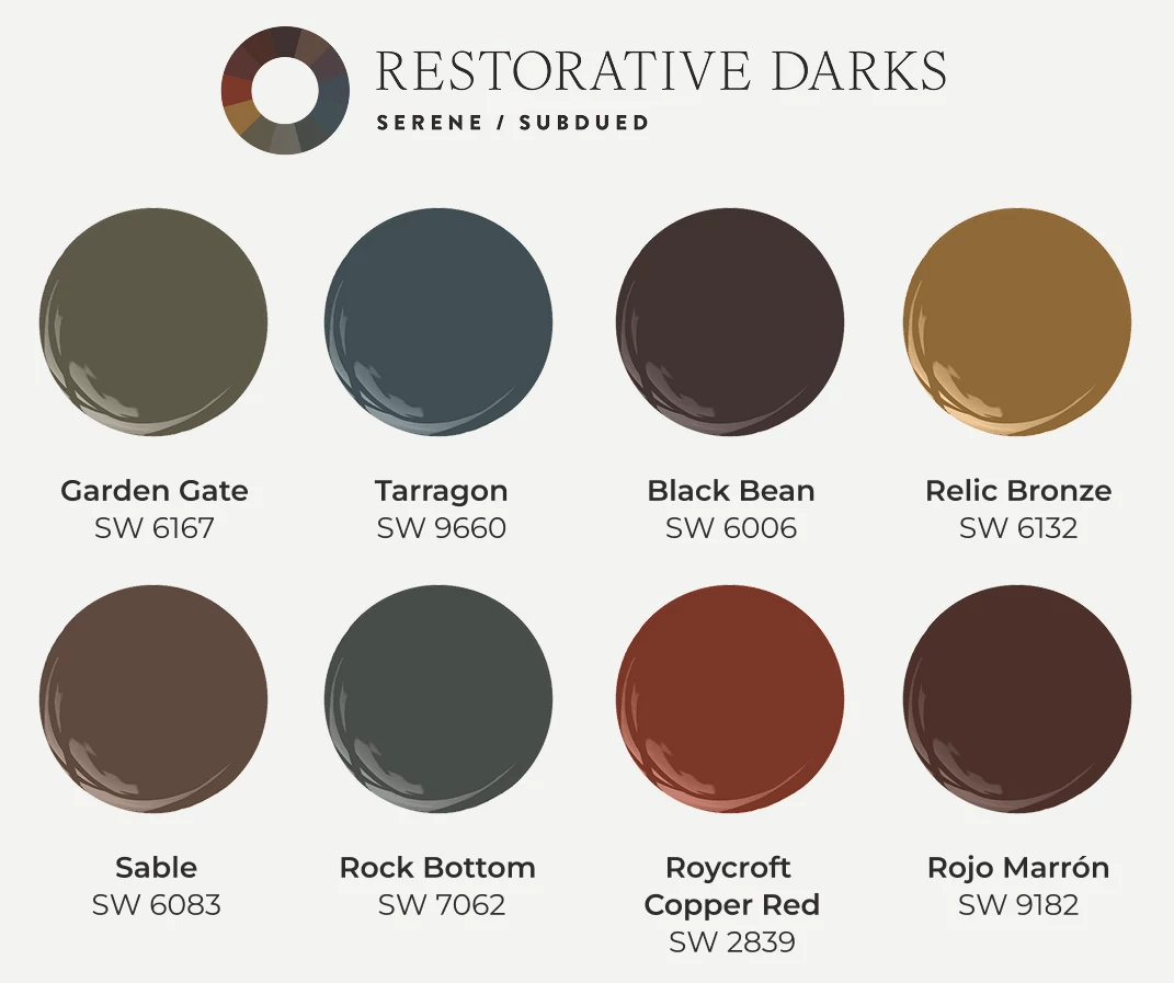 Restorative Darks. Serene & Subdued. Garden Gate SW 6167, Tarragon SW 9660, Black Bean SW 6006, Relic Bronze SW 6132, Sable SW 6083, Rock Bottom SW 7062, Roycroft Copper Red SW 2839 and Rojo Marrón SW 9182.