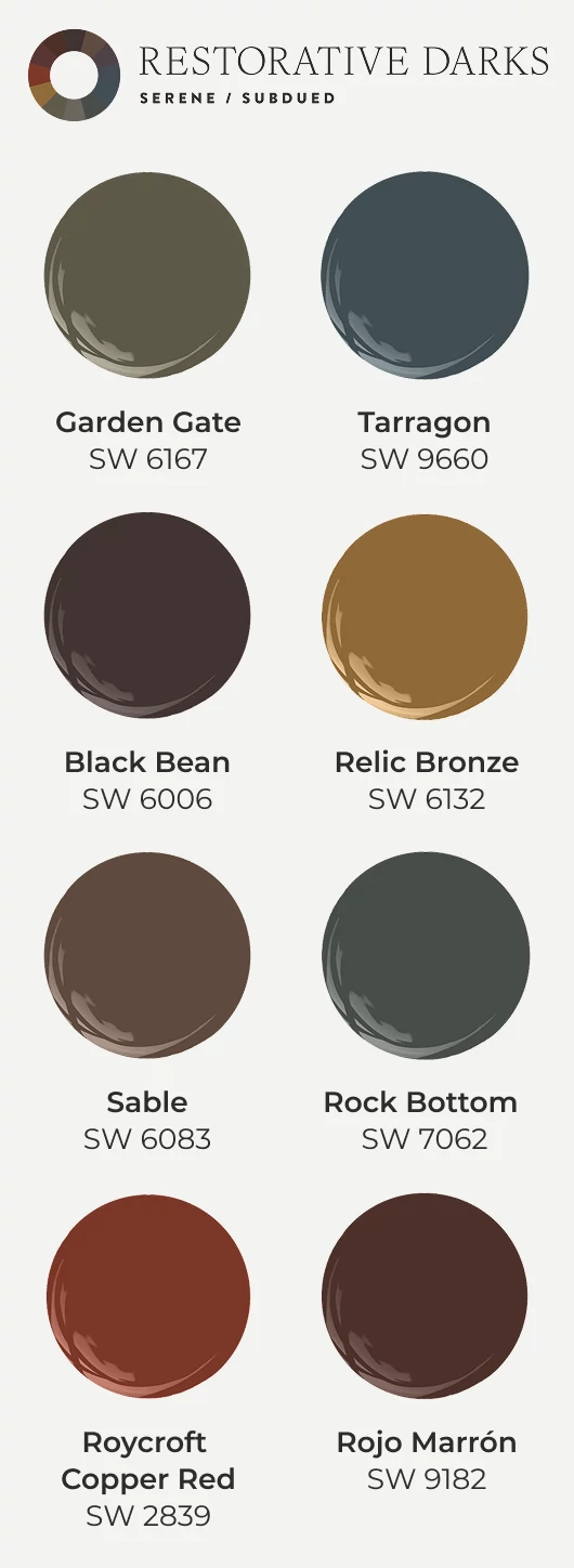 Restorative Darks. Serene & Subdued. Garden Gate SW 6167, Tarragon SW 9660, Black Bean SW 6006, Relic Bronze SW 6132, Sable SW 6083, Rock Bottom SW 7062, Roycroft Copper Red SW 2839 and Rojo Marrón SW 9182.