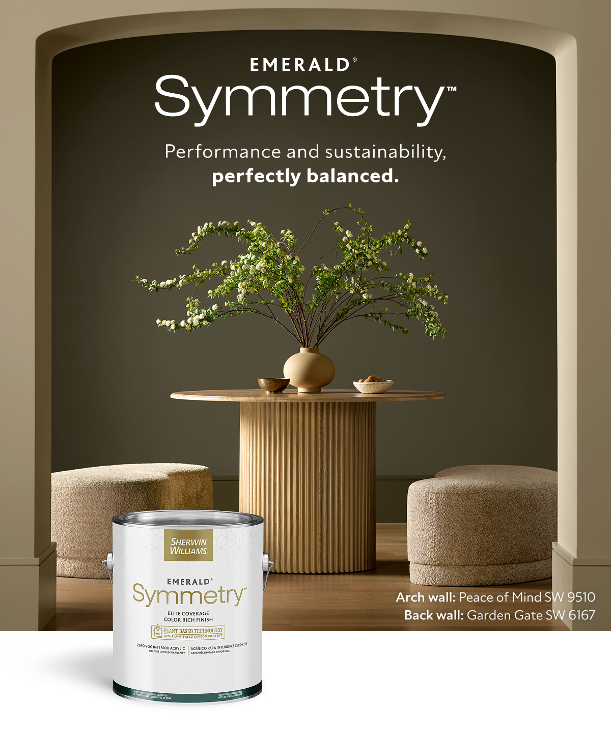 Symmetry paint can overlaying an image of a small table with 2 cozy benches in room painted in Garden Gate, seen through an arch painted in Peace of Mind.