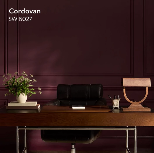 Moody home office painted in Cordovan SW 6027.