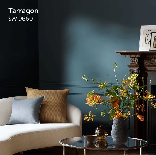 Tarragon SW 9660. Modern white sofa in cozy living room painted in Tarragon.