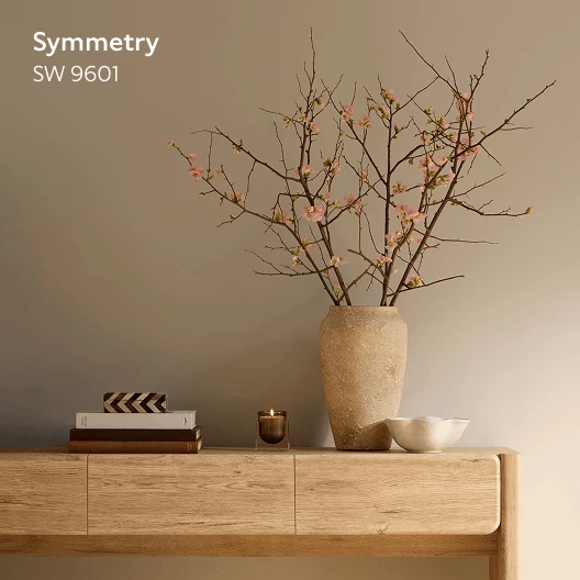 Symmetry SW 9601. Console table with planter in front of wall painted in Symmetry.