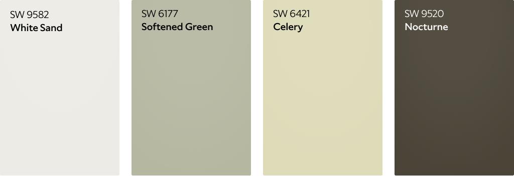 White Sand SW 9582, Softened Green SW 6177, Celery SW 6421 and Nocturne SW 9520 color chips.