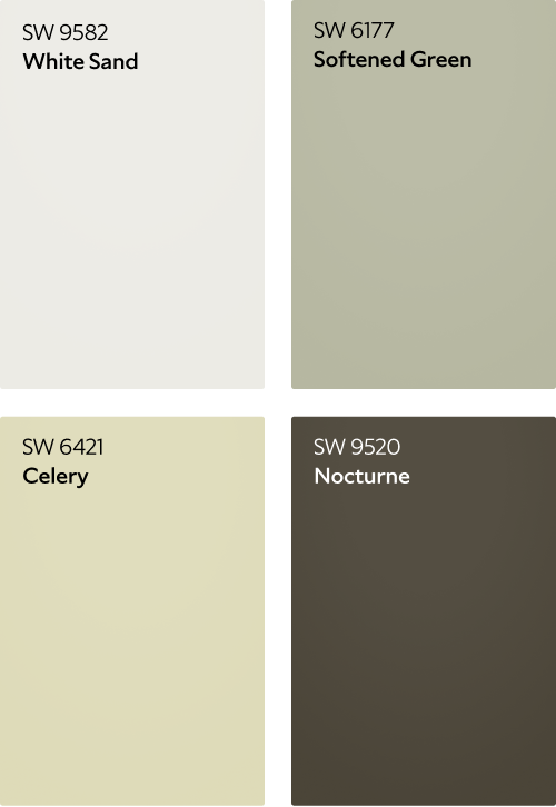 White Sand SW 9582, Softened Green SW 6177, Celery SW 6421 and Nocturne SW 9520 color chips.