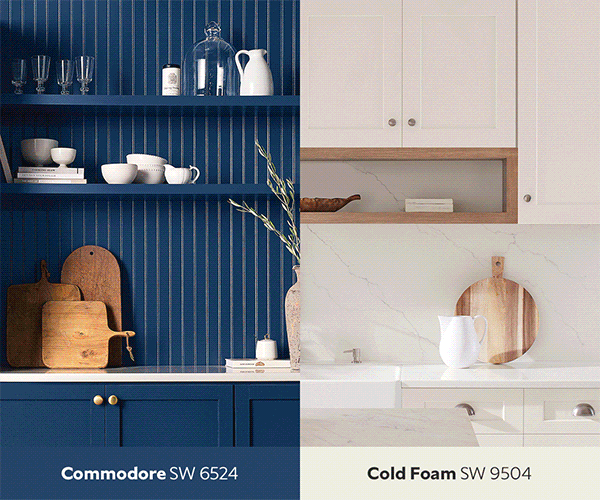 Rotation of comparison images: 2 kitchens painted in Commodore or Cold Foam, home offices each in Novel Lilac or Shiitake and bedrooms painted in Green Bay or Creamy.