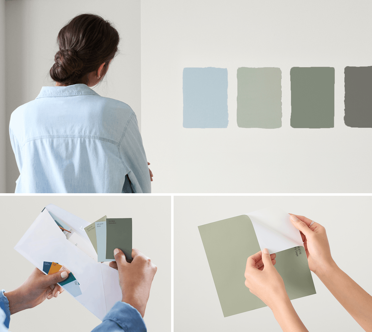 Woman looking at 4 paint samples applied to a wall. Below is an image of hand holding an envelope with paint chips inside and an image of hands removing backing off peel & stick paint sample.