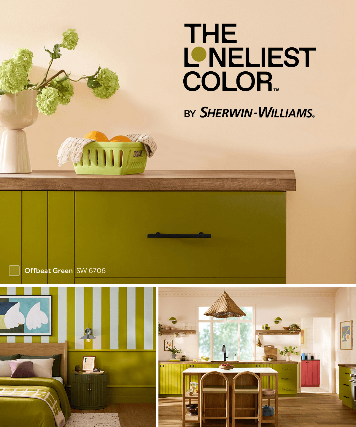 The Loneliest Color™ by Sherwin-Williams. Kitchen cabinets and bedroom accents painted in Offbeat Green within 3 room images.
