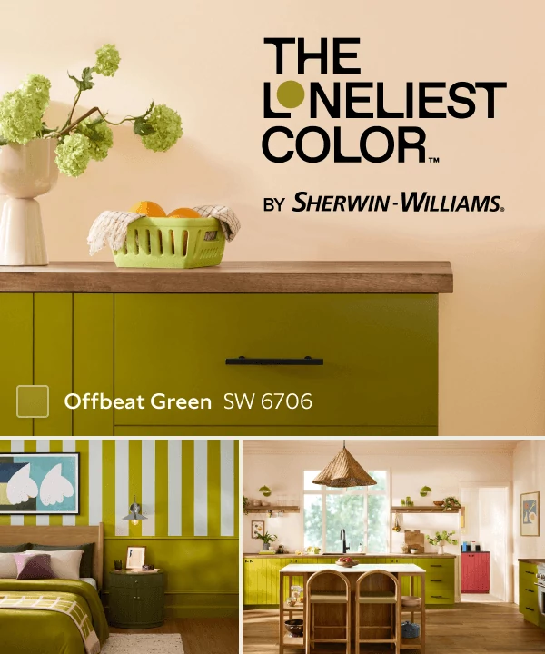 The Loneliest Color™ by Sherwin-Williams. Kitchen cabinets and bedroom accents painted in Offbeat Green within 3 room images.