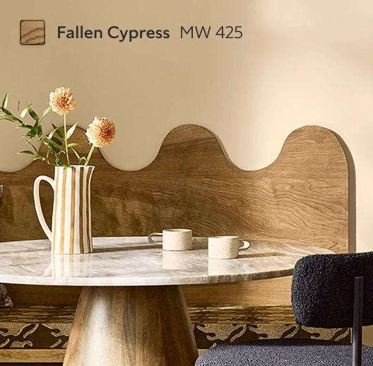 Warm stone topped round breakfast table with base and bench stained in Fallen Cypress.