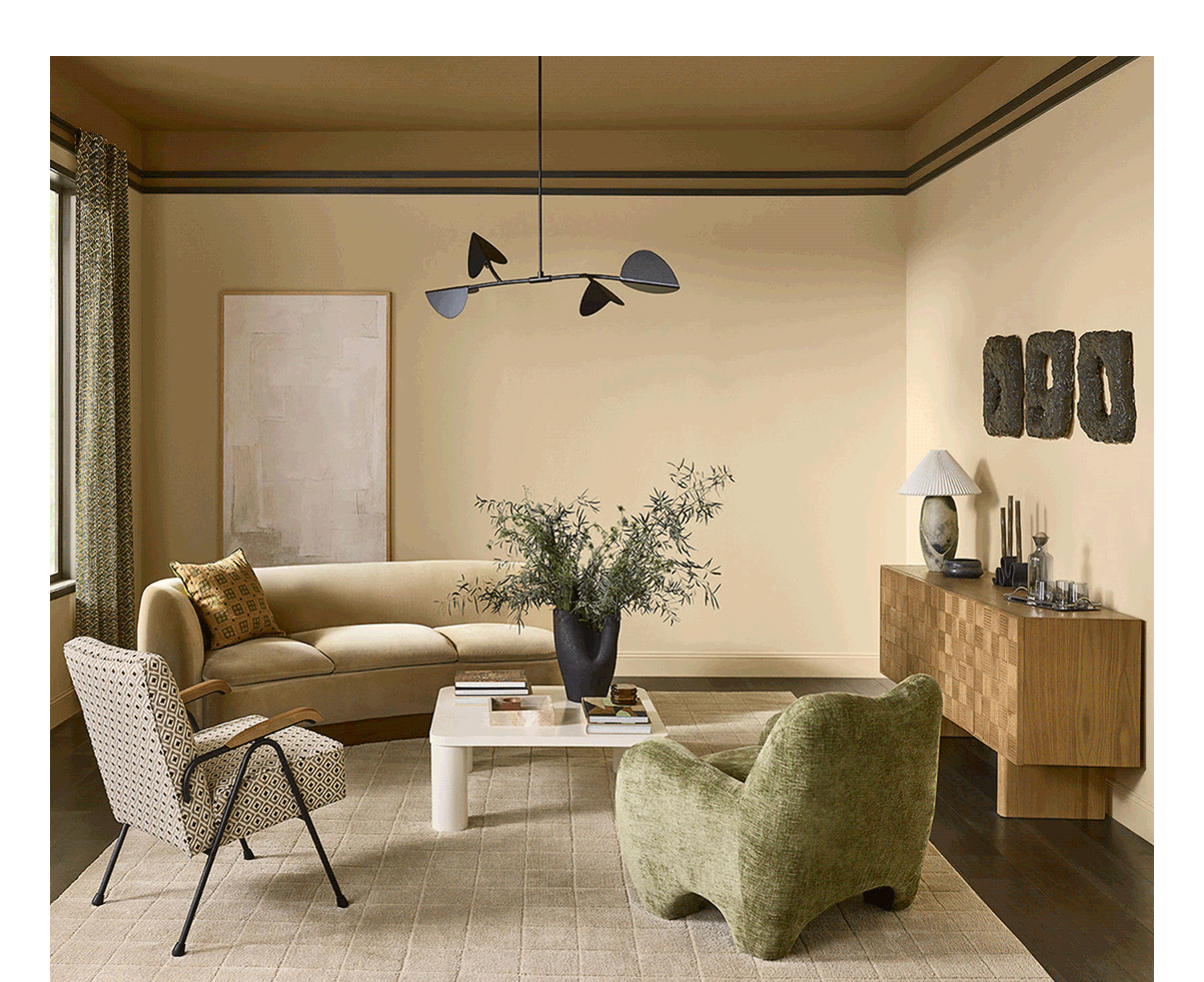 Mid-century modern living room and kitchen painted in Sundew.