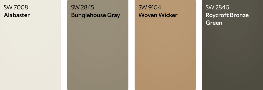 Alabaster SW 7008, Bunglehouse Gray SW 2845, Woven Wicker SW 9104 and Roycroft Bronze Green SW 2846 color chips.