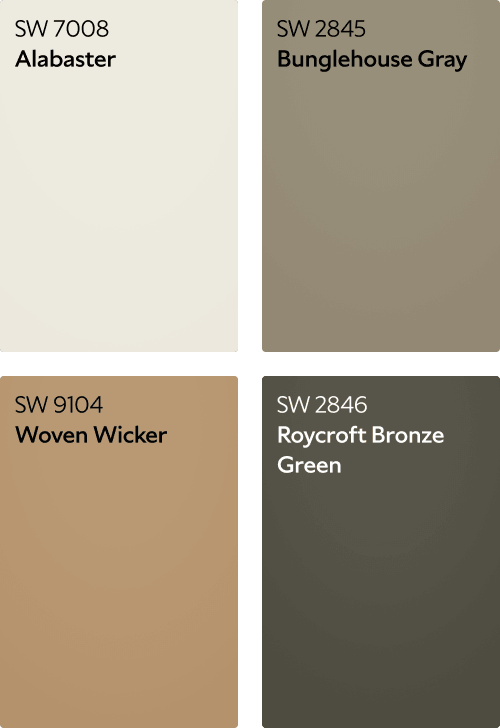 Alabaster SW 7008, Bunglehouse Gray SW 2845, Woven Wicker SW 9104 and Roycroft Bronze Green SW 2846 color chips.