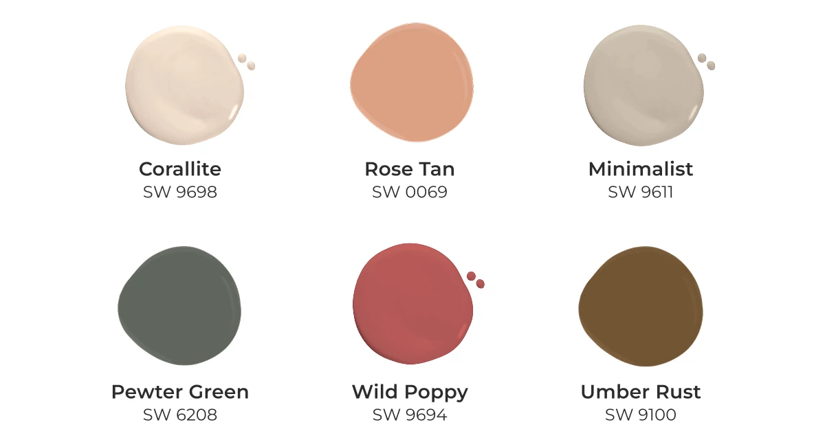 Corallite SW 9698, Rose Tan SW 0069, Minimalist SW 9611, Pewter Green SW 6208, Wild Poppy SW 9694, and Umber Rust SW 9100.