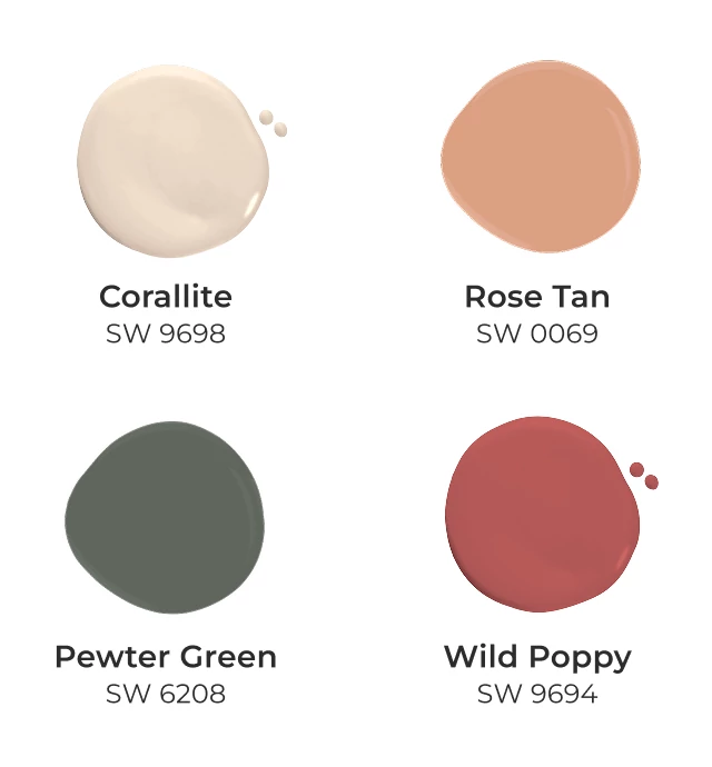 Corallite SW 9698, Rose Tan SW 0069, Pewter Green SW 6208, and Wild Poppy SW 9694.