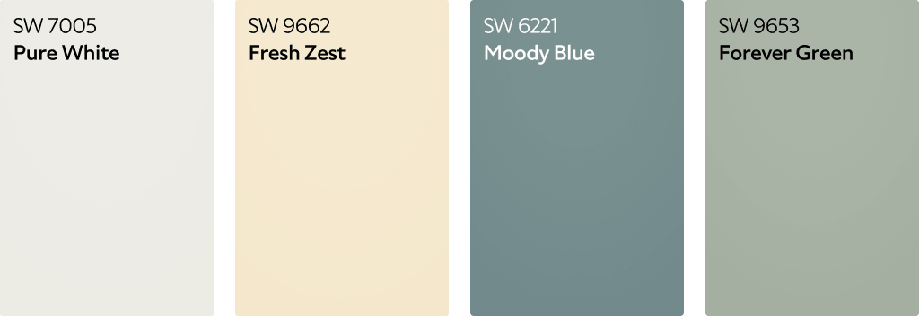Pure White SW 7005, Fresh Zest SW 9662, Moody Blue SW 6221 and Forever Green SW 9653 color chips.