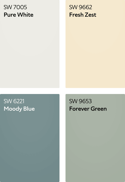 Pure White SW 7005, Fresh Zest SW 9662, Moody Blue SW 6221 and Forever Green SW 9653 color chips.