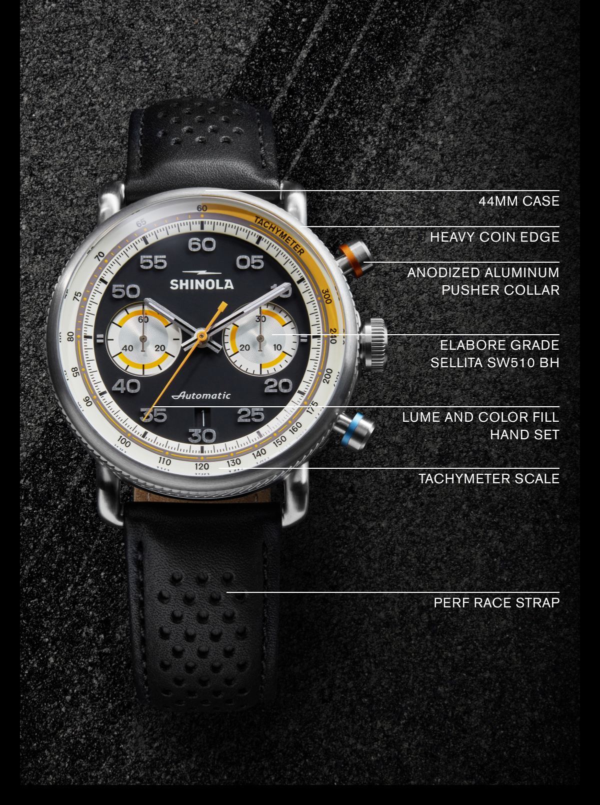 44MM CASE  HEAVY COIN EDGE  ANODIZED ALUMINUM PUSHER COLLAR  ELABORE GRADE SELLITA SW510 BH  LUME AND COLOR FILL HAND SET  TACHYMETER SCALE  PERF RACE STRAP