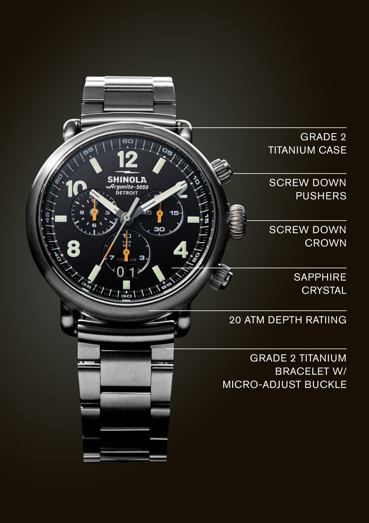 Grade 2 Titanium, Screw Down Pusgers, Screw Down Crown, Sapphire Crystal, 20 ATM Depth Rating, Grade 2 Titanium Bracelet W/Micro-Adjust Buckle