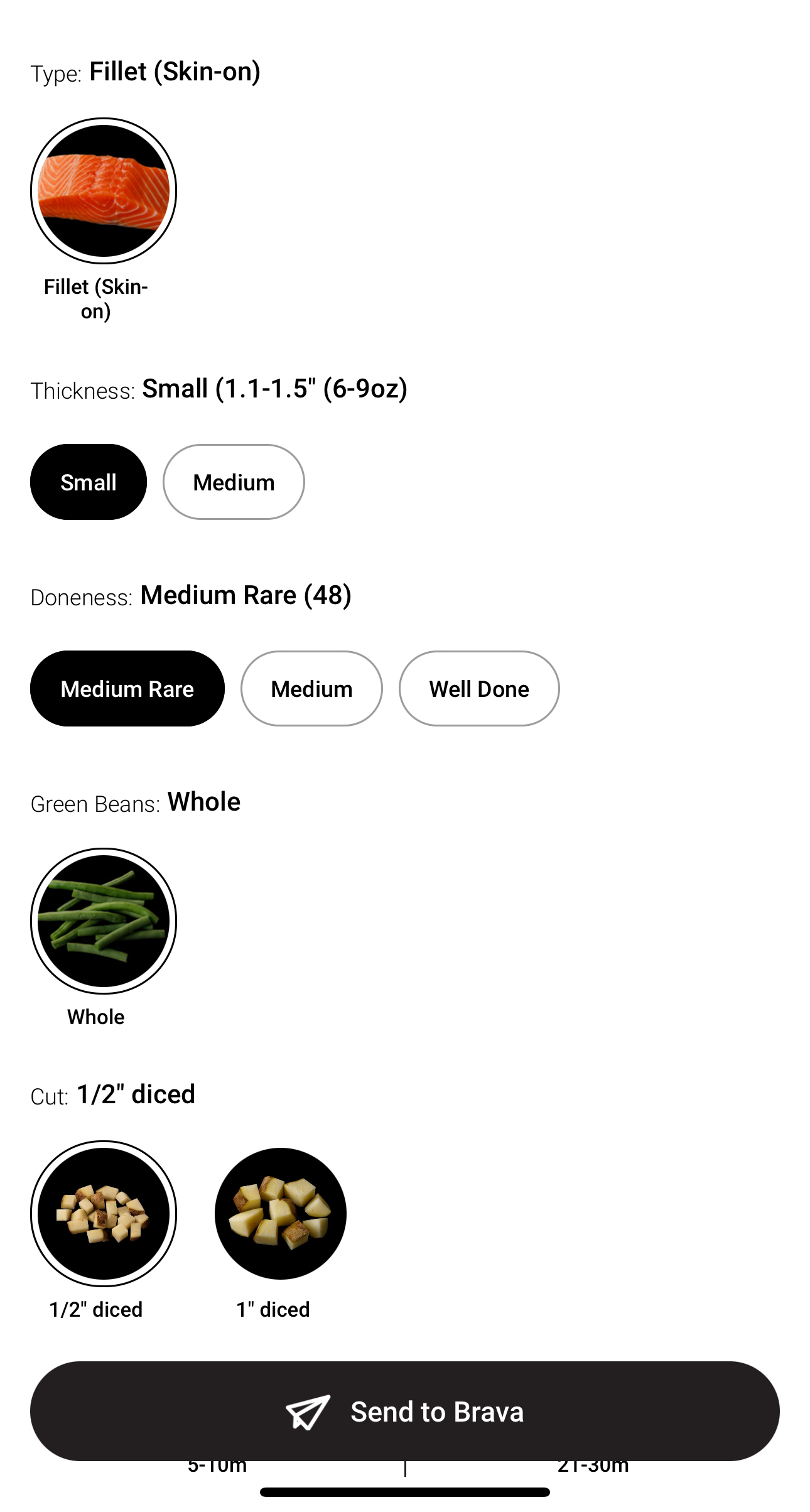 An image of the Brava app setting up a cook on a phone to send to Brava smart oven