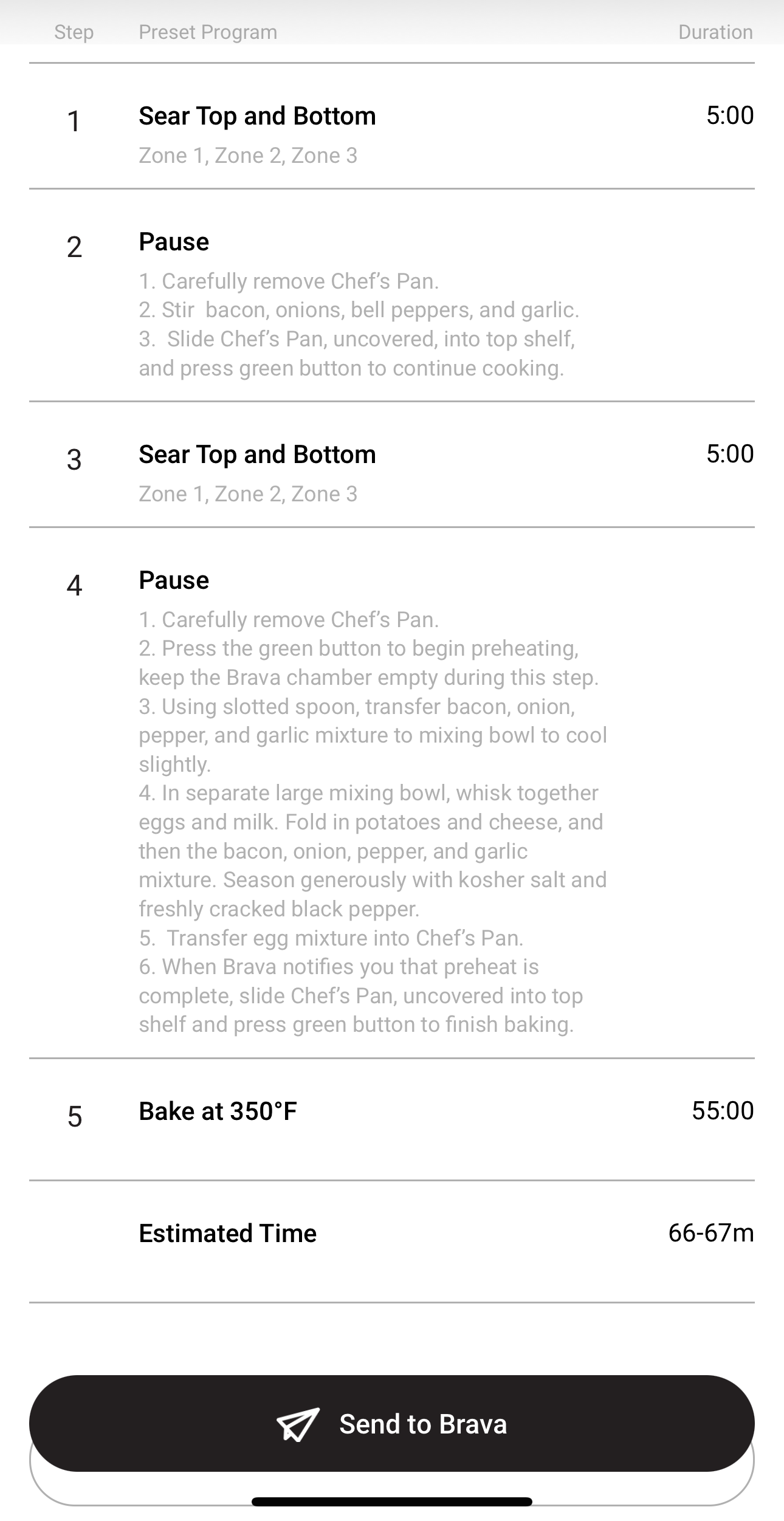 An image of the recipe program details from the Brava smart oven on the Brava app on a phone