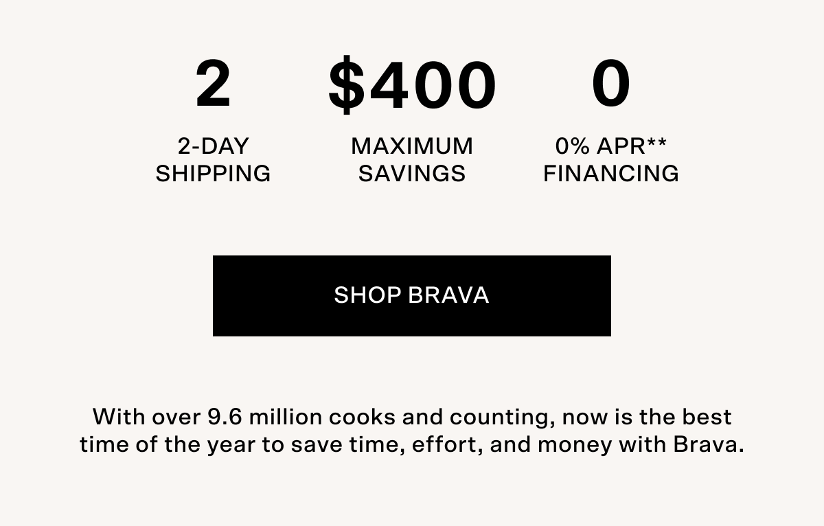 2 day shipping, $400 maximum savings, 0& APR financing (terms below). Shop Brava! With over 9.6 million cooks and counting, now is the best time of the year to save time, effort, and money with Brava.