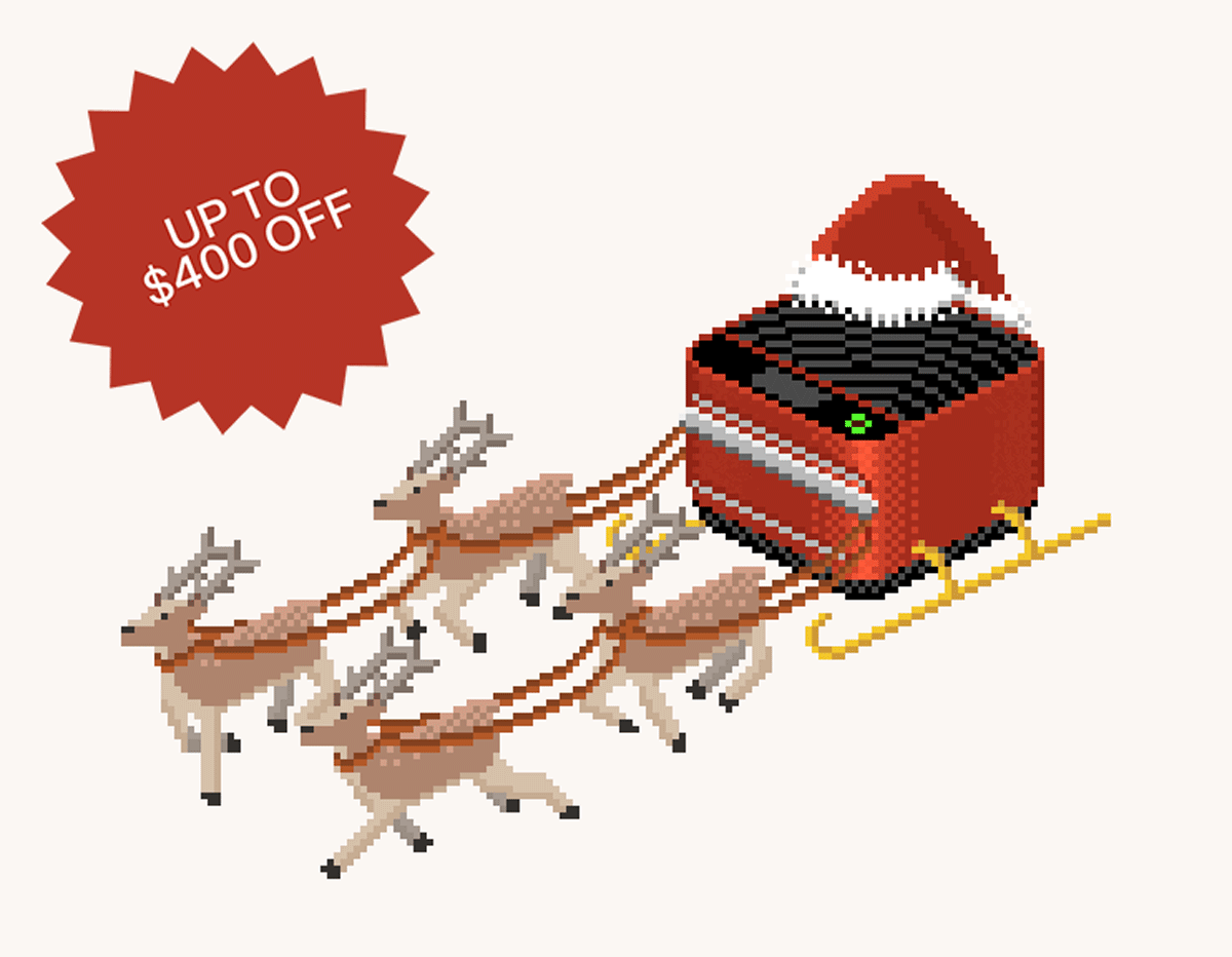 A gif of four reindeer pulling Brava on a sleigh, with a button that says up to $400 off