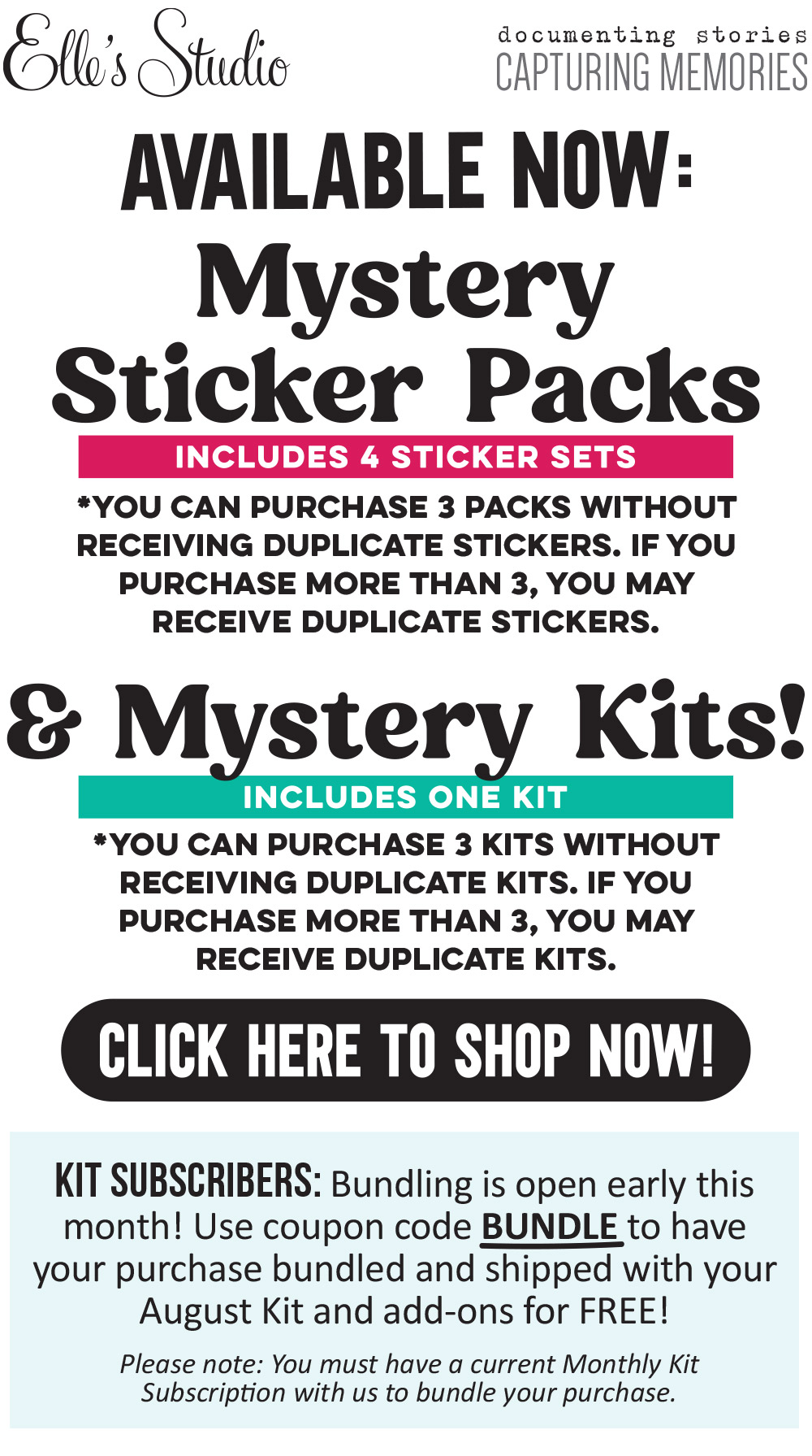 Mystery sticker packs and kits available now!
